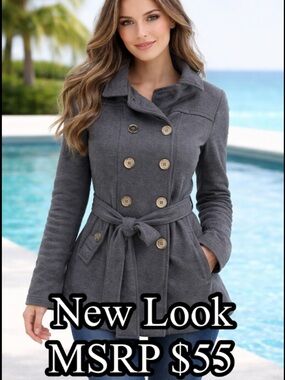 ❄️New Look Gray Double-Breasted Belted Pea Coat size PL